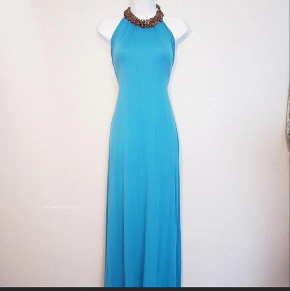 💚5/$25 L8TER  Blue Wood Beaded Halter Neck Long Maxi Slip Dress Medium - Picture 1 of 7